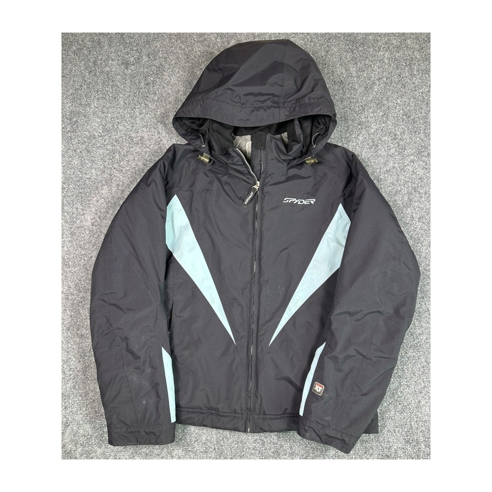 Spyder Ski Jacket Women's‎ Medium Black Light Blue Hooded Winter Coat